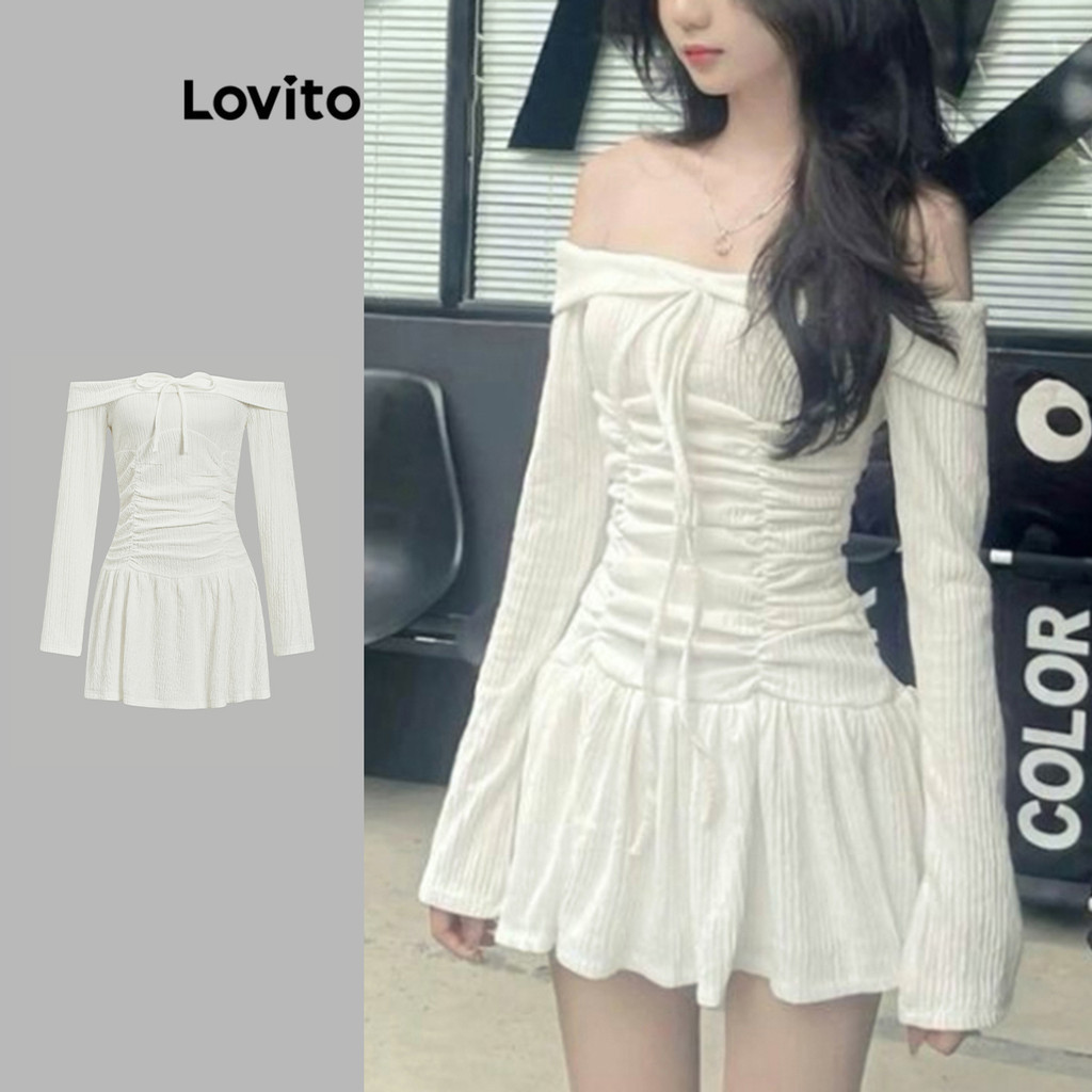 Lovito เดรสลำลองเปิดไหล่ คอคล้องคอเซ็กซี่ ดีไซน์จับจีบ สำหรับฤดูร้อน/ฤดูใบไม้ผลิ สำหรับผู้หญิง L102AD329