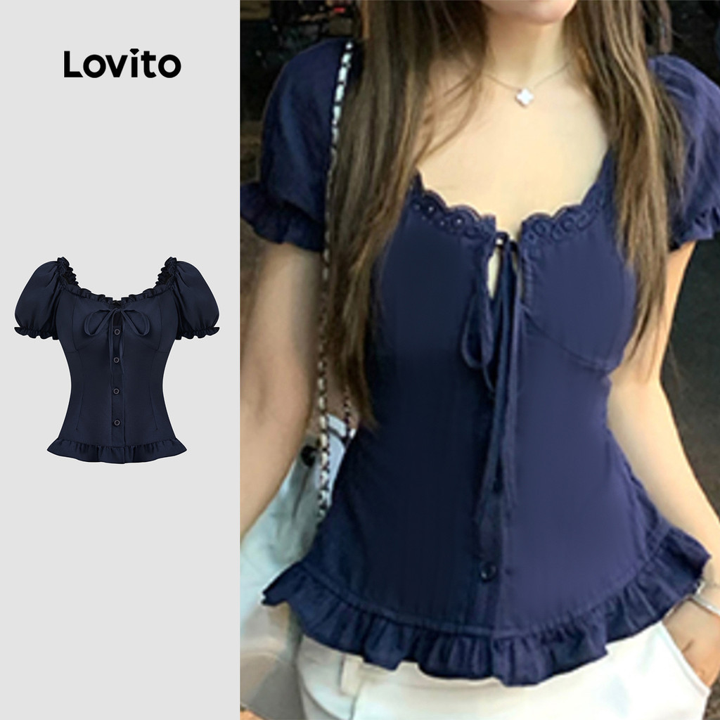 (แคชชวล) Lovito เสื้อเชิ้ตแขนยาวลายลูกไม้สไตล์ สีกรมท่า สำหรับฤดูใบไม้ผลิ/ฤดูร้อน L156AD085