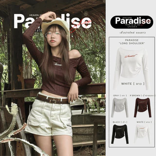 Paradise | เสื้อปาดไหล่แขนยาว ผ้าฉลุลาย ปักโลโก้ด้านหน้า ทรงเข้ารูปสวย ใส่สบาย ยืดหยุ่น ระบายอากาศดี เสื้อแฟชั่นผู้หญิง