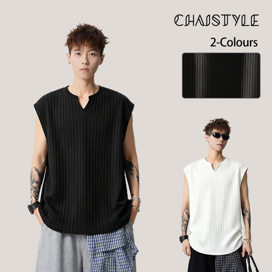 Chaistyle เสื้อยืดแขนกุด รุ่นบางสำหรับฤดูร้อน เย็นระบายอากาศ ผ้าลายทาง การออกแบบคอวี แบบหลวม ความสะดวกสบาย