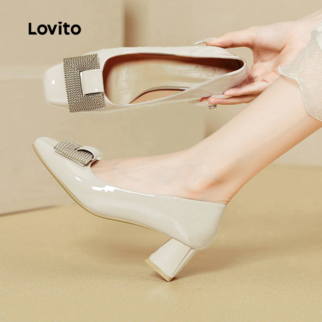 Lovito สง่างาม สีพื้นการเดินทางBlock ส้น Pumps Solid Square ปลายเท้า Mirror Patent ส้นs สําหรับผู้หญิง LFA82144