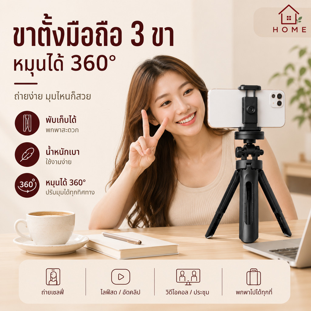 Home007 ขาตั้งกล้อง ขาตั้งโทรศัพท์ มือถือ 3ขา ขนาดเล็ก พกพาสะดวก ที่วางมือถือ หมุนได้ 360° สีดำ ไม้เซลฟี่ สำหรับถ่ายภาพ