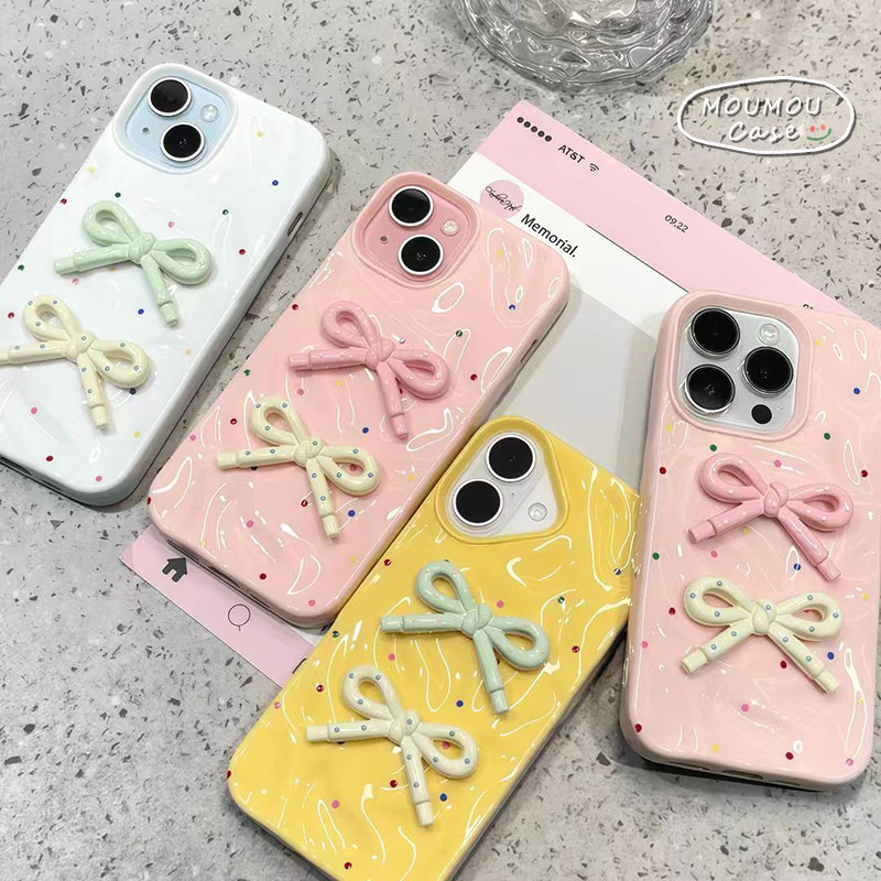 IPhone 15 11 13 16 12 14 Pro Max 7 8 16Plus Case 3D Doll Case with Bow Pattern Polka Dot Wrinkle Wat