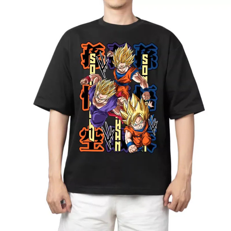 Dragon Ball พิมพ์เสื้อยืดแขนสั้นคุณภาพสูง Animation of Goku Vegeta Buu Frieza แฟชั่นผู้ชายและผู้หญิง