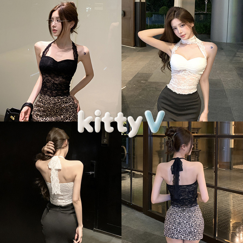 kitty.vogue พร้อมส่ง เสื้อคล้องคอ มีฟองน้ำ ดีเทลลูกไม้ สีพื้น-FY2255