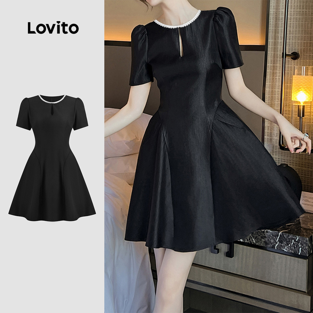 (New) Lovito ชุดเดรสหรูหรา สายไข่มุก ฤดูใบไม้ผลิ/ฤดูร้อน ชุดสีดำ สำหรับผู้หญิง L149ED430