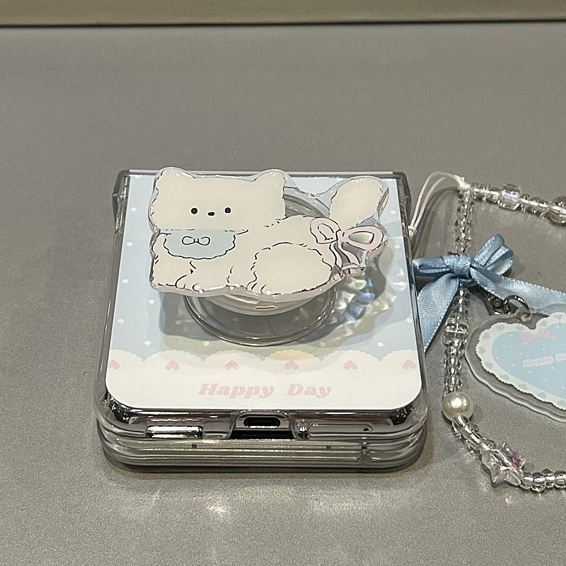 การ์ตูนน่ารัก Polka Dot Cat Bracket เคสโทรศัพท์เหมาะสําหรับ Samsung Galaxy Z Flip7 Lanyard พับสําหรั