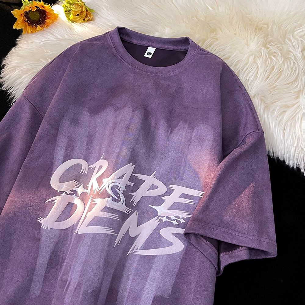 เสื้อยืดแขนสั้นพิมพ์ลายอเมริกันหนักสําหรับผู้ชาย 204 วัยรุ่นอินเทรนด์หลวมหนังนิ่มครึ่งแขนbo Double C