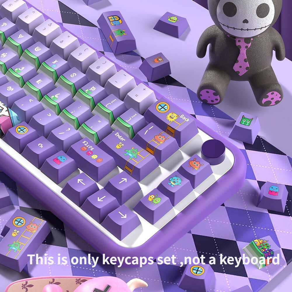 PBT Purple Monster Family ส่วนบุคคลน่ารัก Cherry Five Side สีเขียวสีม่วง Keycap เหมาะสําหรับ 61/648/
