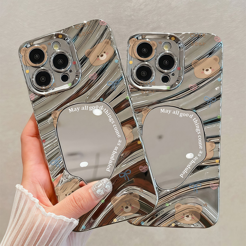 พร้อมส่ง เคสสำหรับไอโฟน13 ตัวหมีสีน้ำตาล น่ารัก เคสกระจกลายหยัก For iPhone12 13 14 ProMAX 16 15 PLUS