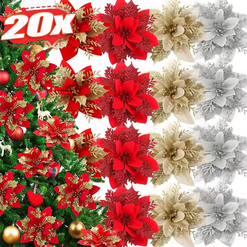 5/10/20 ชิ้น Glitter ประดิษฐ์คริสต์มาสดอกไม้ - 14 ซม.จําลองดอกไม้ DIY Xmas Tree พวงหรีดตกแต่ง