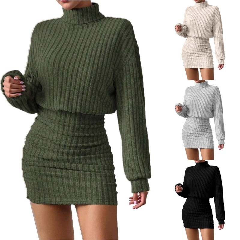 BTF ชุดเดรสถักแขนยาวคอเต่าจําลองสําหรับผู้หญิง