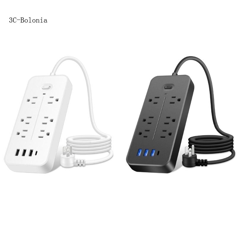 PC Surge Protector Power Strip พร้อม 6 ช่อง 3 พอร์ต USB 1x Type-C 1700Joules