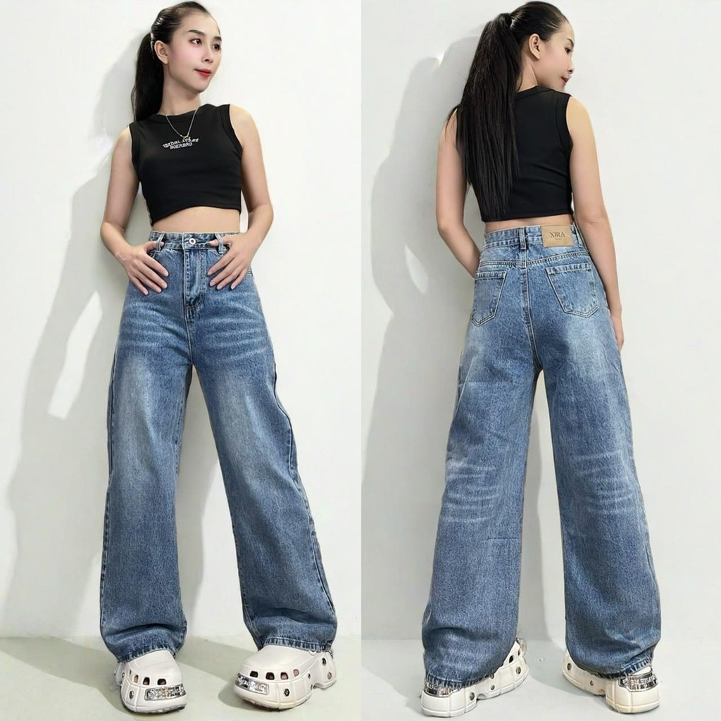 XIRAกางเกงยีนส์เอวสูง ทรงกระบอกกลาง สียีนส์นาโนแต่งเฟด 8695