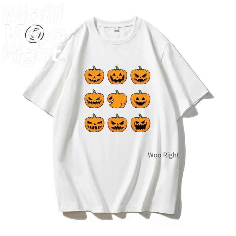 (จัดส่งตลอด 24 ชั่วโมง)WR 2025 ฮาโลวีนสีขาวใหม่เสื้อยืดคอกลม "ฟักทองสีต่างๆ" พิมพ์เสื้อหลวมหลายร้อยแ