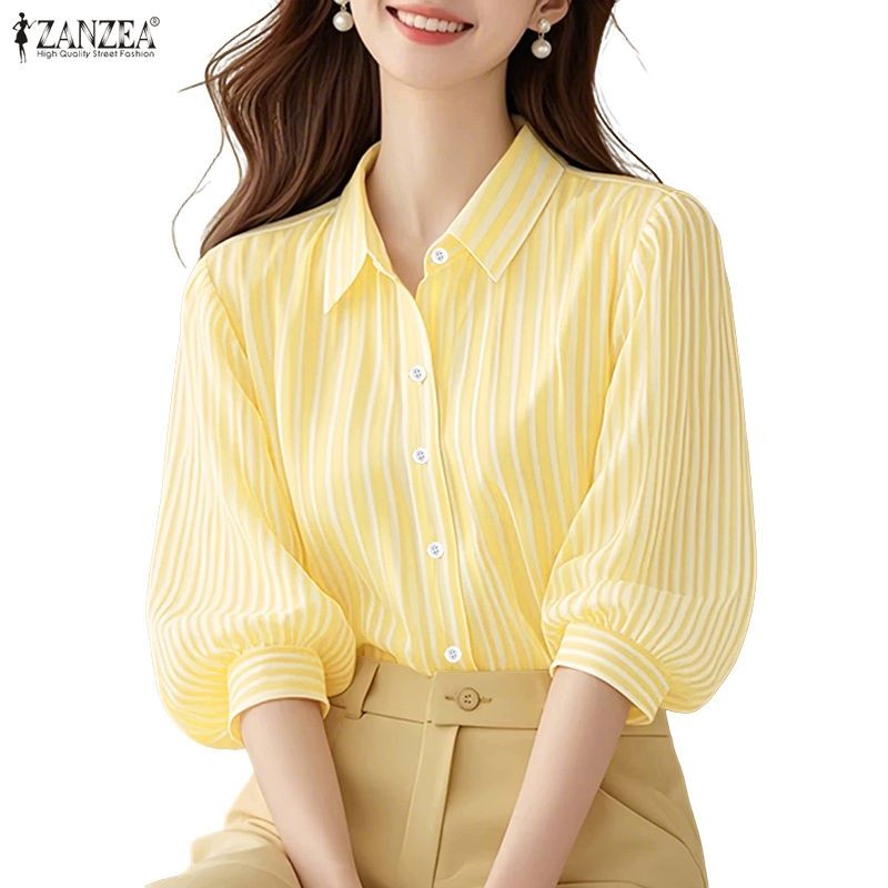 ZANZEA สไตล์เกาหลีสำหรับผู้หญิง แขนยาว 3/4 มีปุ่มติดเสื้อ ดีไซน์ลายทาง