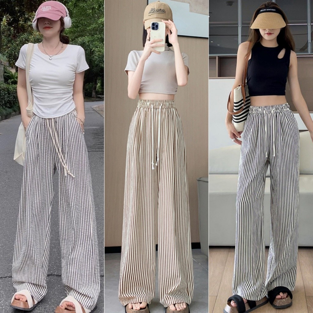 Hotgirl พร้อมส่ง กางเกงขายาวผู้หญิง กางเกงเอวสูง ลายทาง ผ้านุ่ม บายๆตรง เอวยางยืด สไตล์เกาหลี