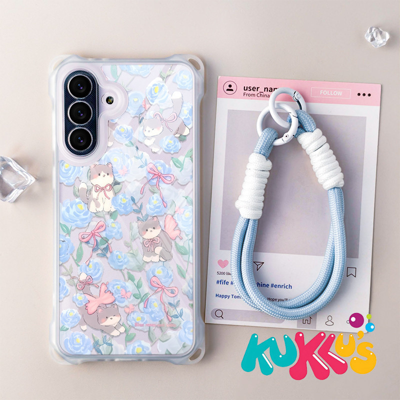 GANTUNGAN HP ดอกไม้สีฟ้าและลูกแมวเคสโทรศัพท์ + ไม้แขวนเสื้อสําหรับOppo A6 Pro A5 2025 A5X A3X A5I Pr
