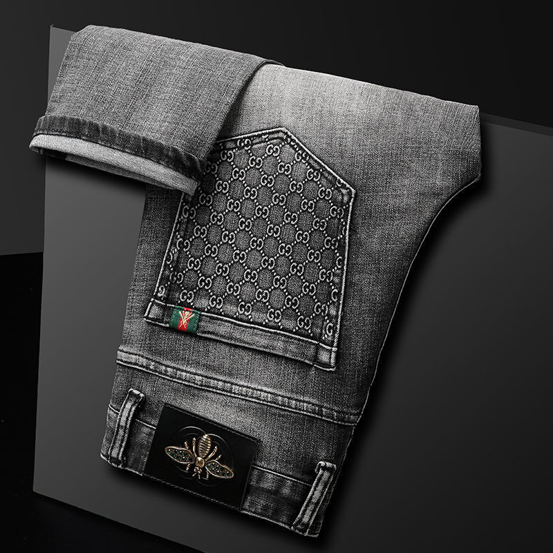 G GUCCI3258 กางเกงยีนส์ผู้ชายปักกางเกงยีนส์ระดับไฮเอนด์ผู้ชาย Street Wear Casual อินเทรนด์ GG กางเกง