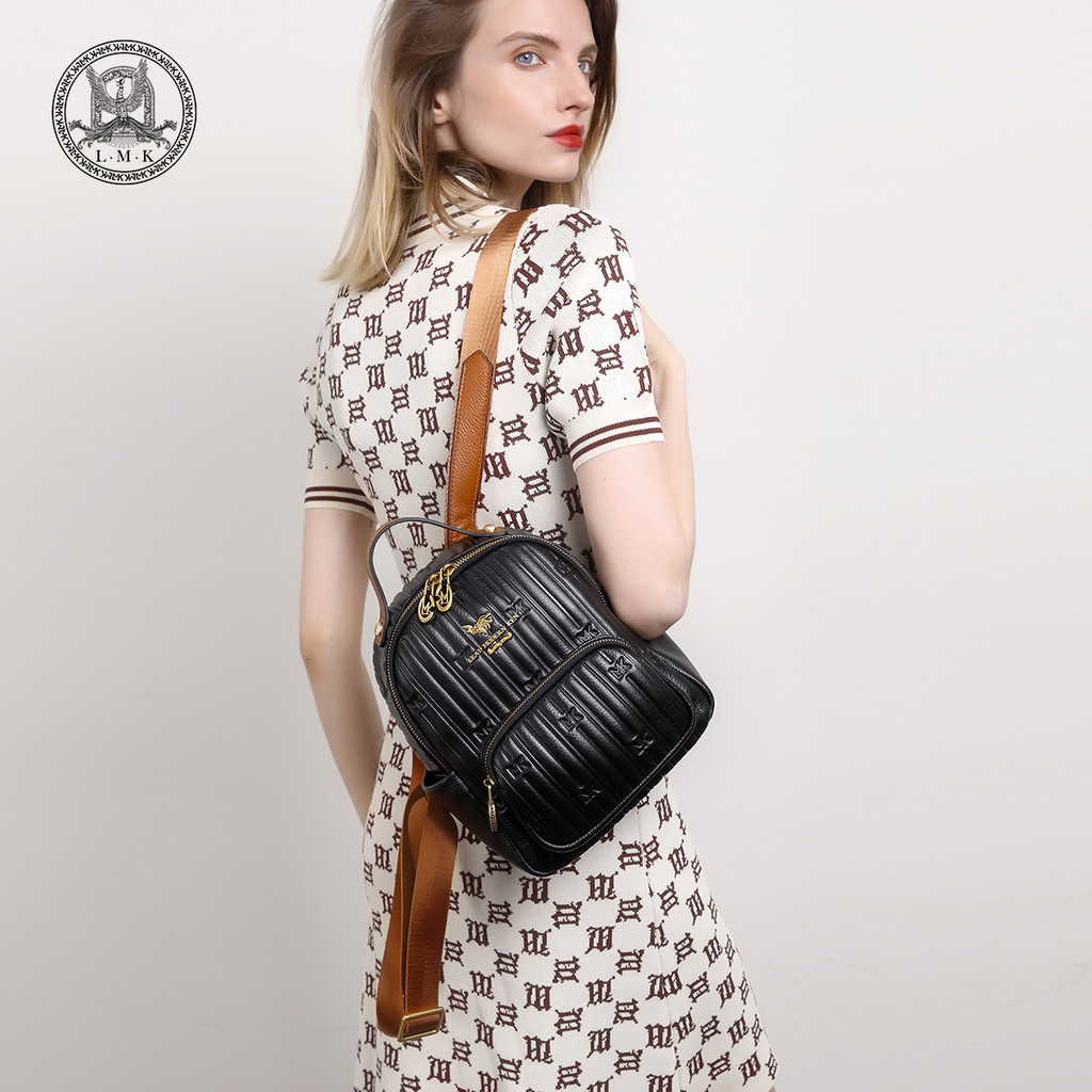 ฝรั่งเศส LMK ของแท้หนัง First Layer Cowhide กระเป๋าเป้สะพายหลังผู้หญิง 2023 ใหม่แฟชั่น All-Match Cas