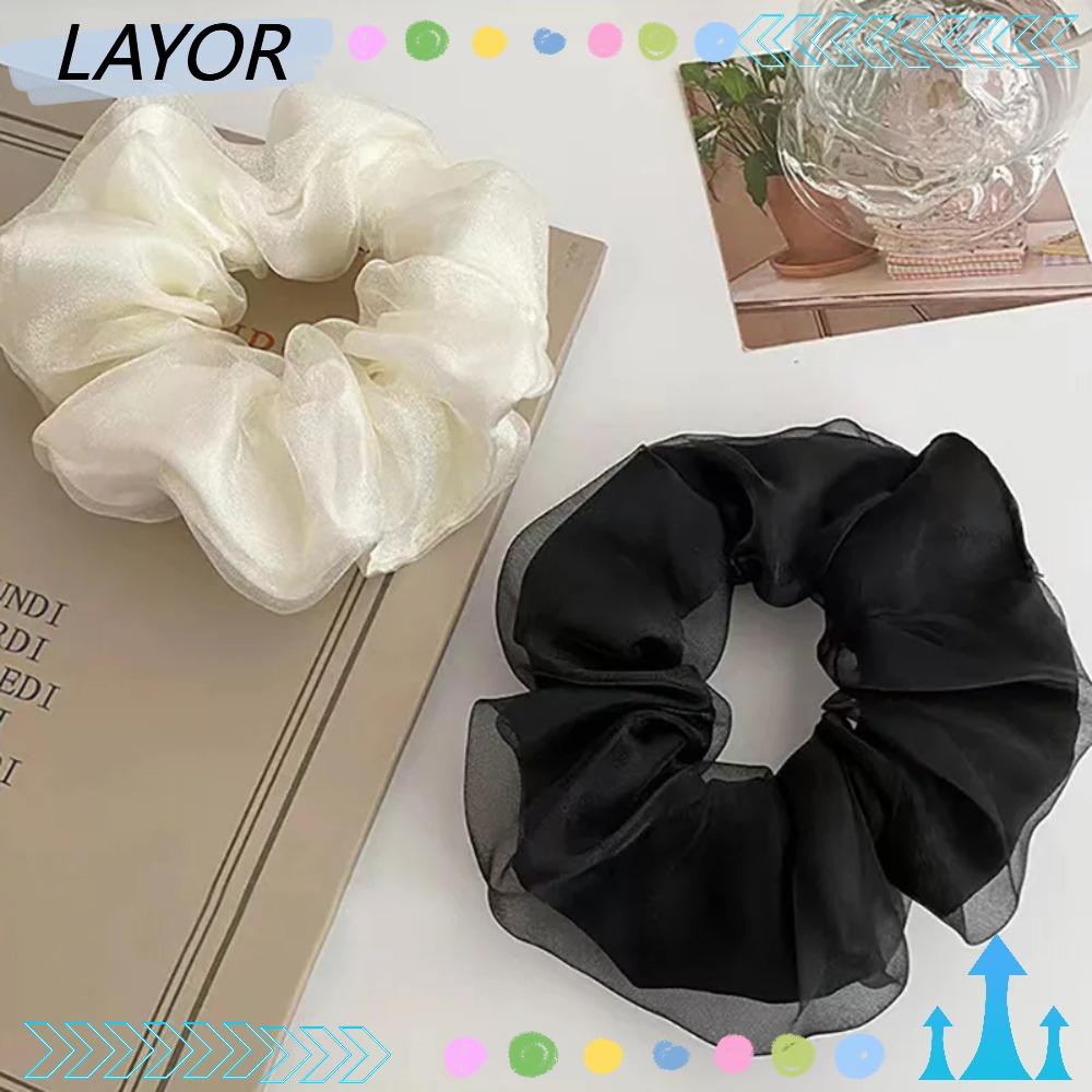 Layar เชือกผม scrunchie ทรงเรียบหรู ทำจากผ้า organza สีดำ beige khaki ออกแบบมาให้ยืดหยุ่นและสวยงาม