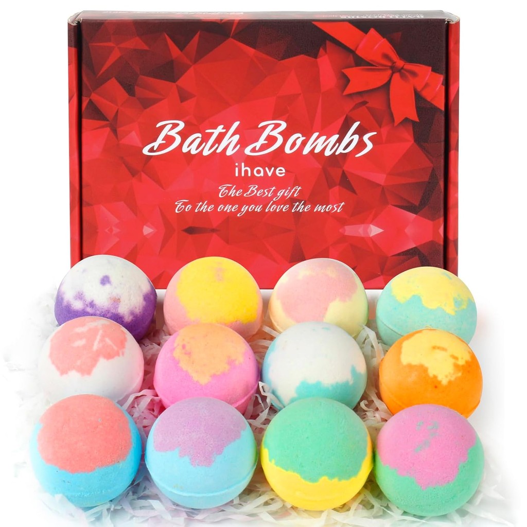 IHave Bath Bombs สําหรับผู้ชายและผู้หญิง, ชุดของขวัญระเบิดอาบน้ําแฮนด์เมดธรรมชาติ 12 ชิ้น, ระเบิดฟอง