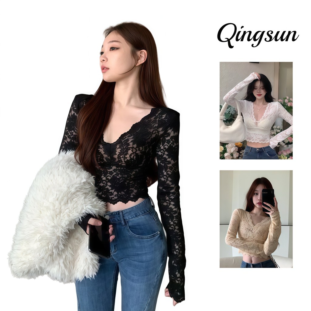 🌻Qingsun ฉลุลาย เสื้อลูกไม้ คอวี แขนยาว ซีทรูเซ็กซี่ไม่ไหว น่ารักไม่ไหวสีพื้นๆ "FY2575"