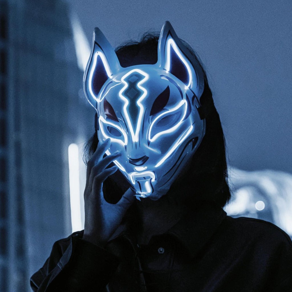 หน้ากากฮาโลวีน LED Luminous Fox สไตล์ญี่ปุ่นสยองขวัญ Grimace Prom COS Full Face Cyberpunk Fortress N