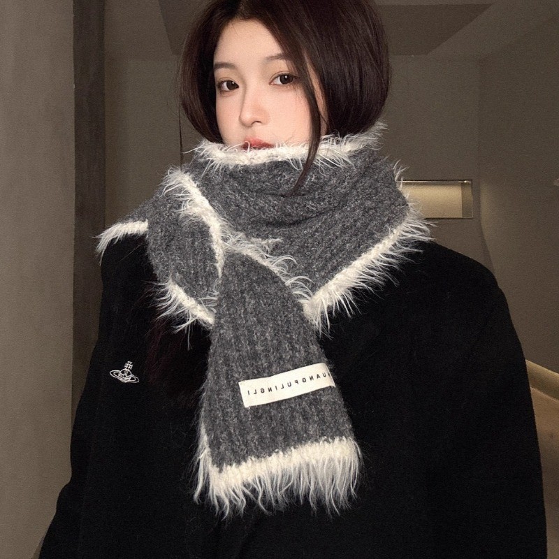 พันคอถักสไตล์เกาหลี ขนสัตว์นุ่มข้าวเหนียว สำหรับผู้หญิง อบอุ่นในฤดูหนาว