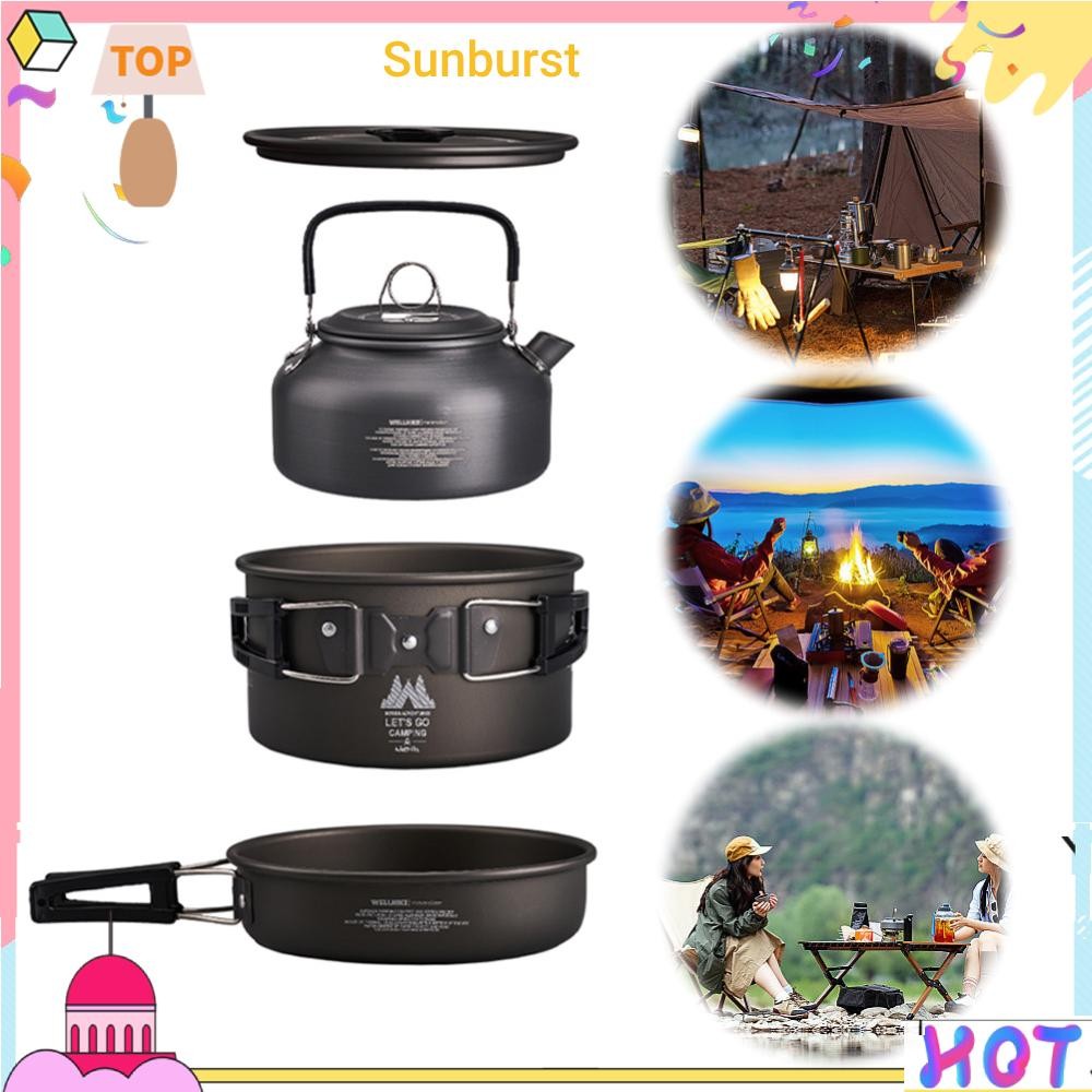 🚚การขนส่งในกรุงเทพฯ🚚3 ชิ้น/เซ็ต ชุดเครื่องครัวแคมป์ปิ้งพร้อมกาต้มน้ําหม้อทําอาหารสําหรับเดินป่าปิคนิค [Sunburst11.th]
