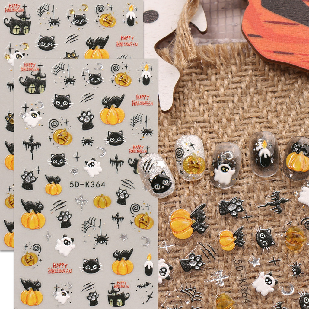 HAMA สติกเกอร์ตกแต่งเล็บนูน ลายการ์ตูนฮาโลวีน ฟักทอง ผีทองปั๊ม ลายฝรั่งเศส สําหรับวันหยุด