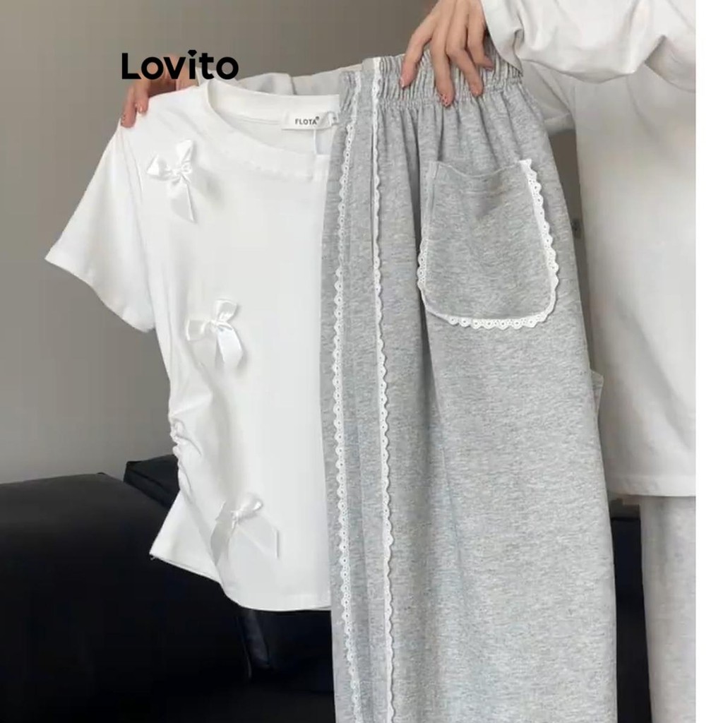 Lovito กางเกงลําลอง กางเกงโบว์สีพื้นสําหรับผู้หญิง LNA67117