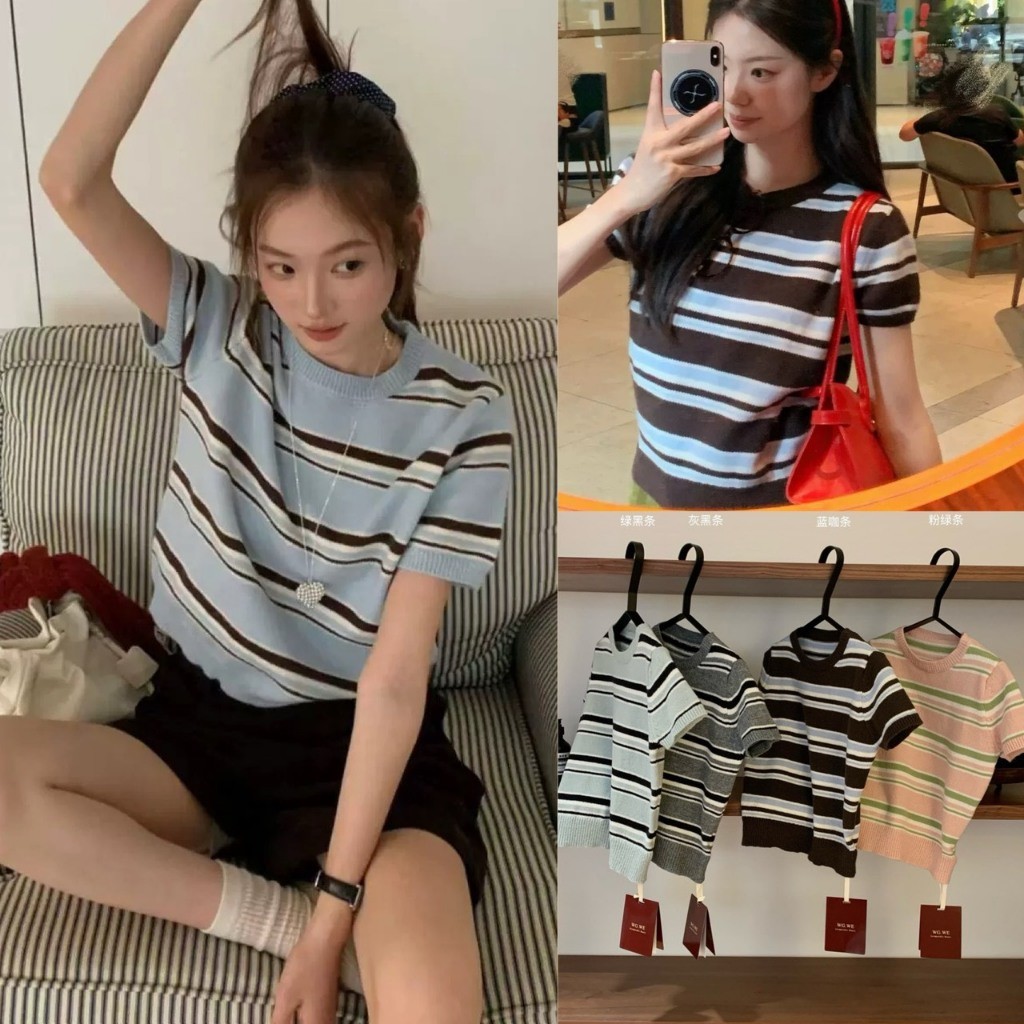 🧡🧵 🇰🇷 W7257 เสื้อแขนสั้น คอกลม ผ้าทอ ลายขวาง แต่งสลับสี สีสวยมากๆค่า ผ้าดีใส่สบาย แฟชั่นเกาหลี TAG WG.WE 🧵🧡