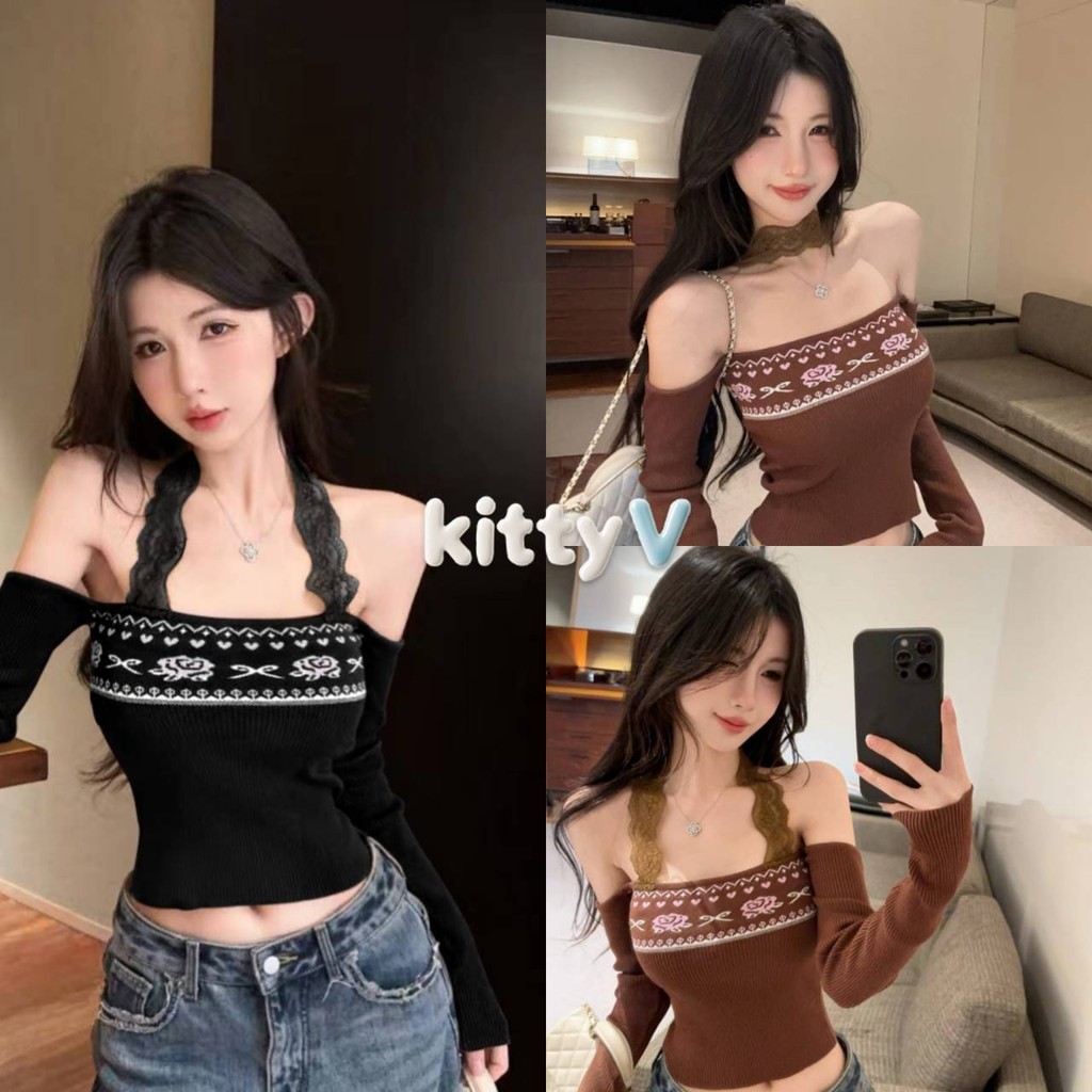 kitty.vogue พร้อมส่ง เสื้อไหมพรมเปิดไหล่สไตล์เกาหลี แขนยาว สไตล์โบฮีเมี่ยน สีพื้นยืดพอดีตัว -31122