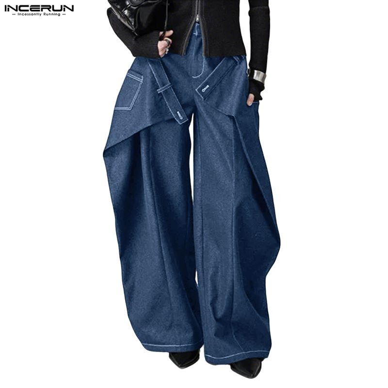 INCERUN Men Vintage Vintage Streetwear การออกแบบไม่สม่ําเสมอ Destruction กางเกงขากว้าง