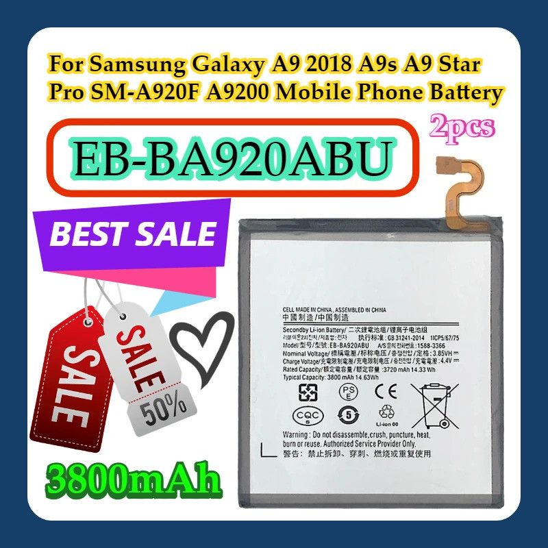 2pcs สําหรับ Samsung Galaxy A9 2018 A9s A9 Star Pro SM-A920F A9200 โทรศัพท์มือถือ EB-BA920ABU 3800mA