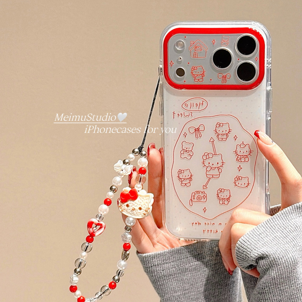 Huiwanju นาฬิกาแมวสายสีแดงสําหรับ iPhone 17pro เคสโทรศัพท์มือถือ iphone16promax/15/17/13/14pm/16 รวม