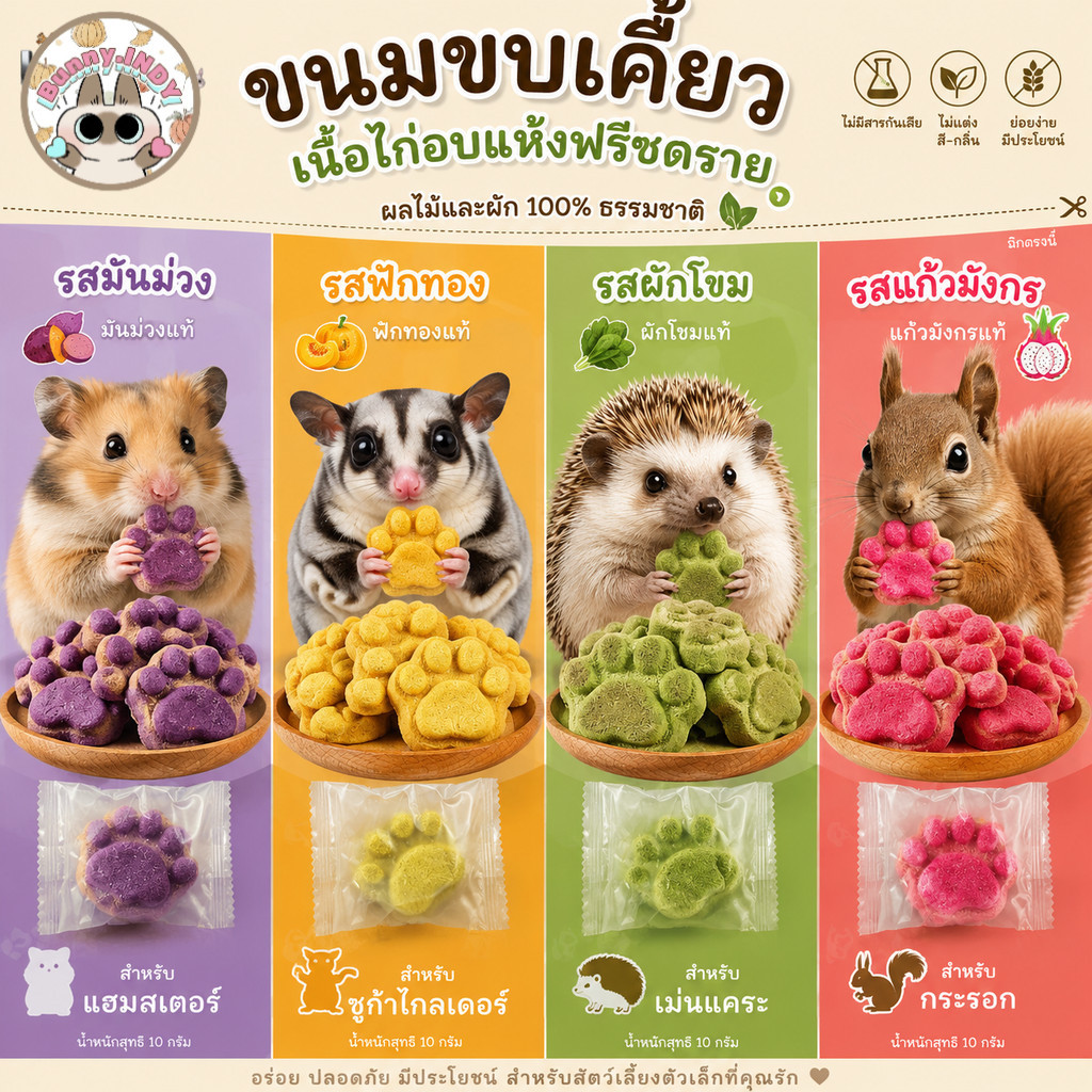 Bunny.indy ขนมอกไก่ฟรีซดรายผสมผักผลไม้ ขนมสัตว์เล็ก รูปเท้าหมี สำหรับแฮมสเตอร์ ชูการ์ เม่นแคระ