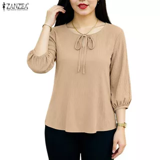 ZANZEA ผู้หญิงเกาหลีอ่อนโยนหวานรอบคอ 3/4 แขนโคมไฟ Tie-Up Bowknot สีทึบเสื้อ