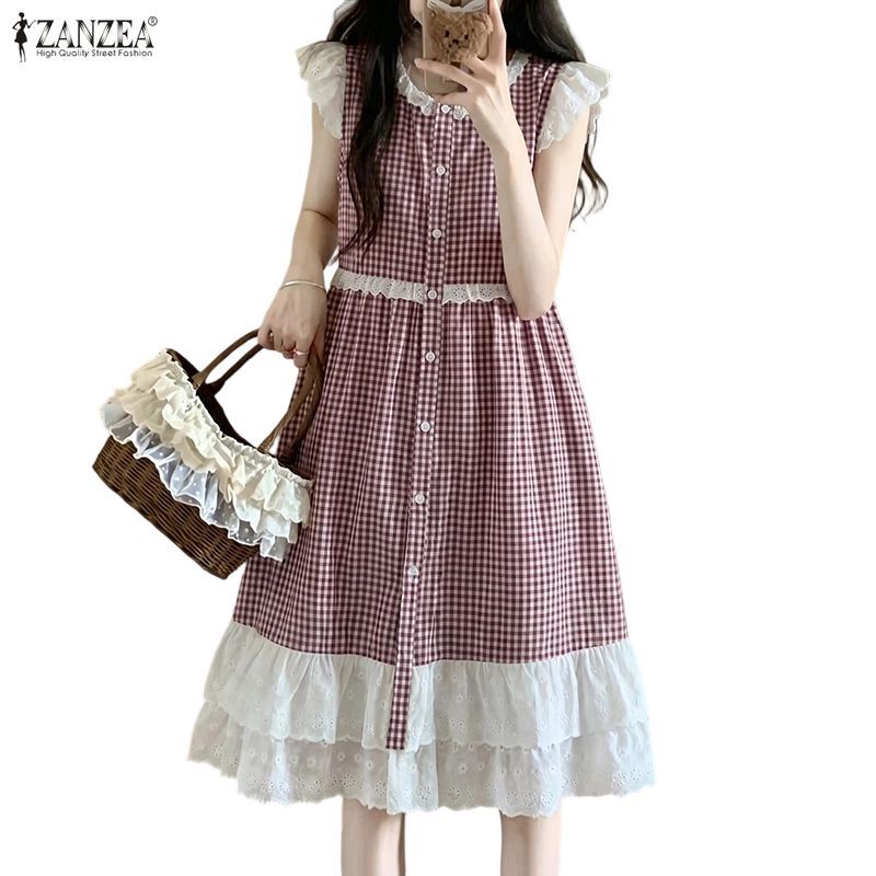 ZANZEA ชุดเดรสคอกลมลําลองสไตล์เกาหลีของผู้หญิง Ruffles Patchwork Checkered Dress — صورة 6