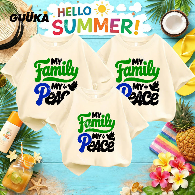 GUUKA Family day Peace เสื้อยืดเสื้อผ้าคู่ครอบครัวพ่อแม่เด็กแขนสั้นชุดลําลองฤดูร้อน