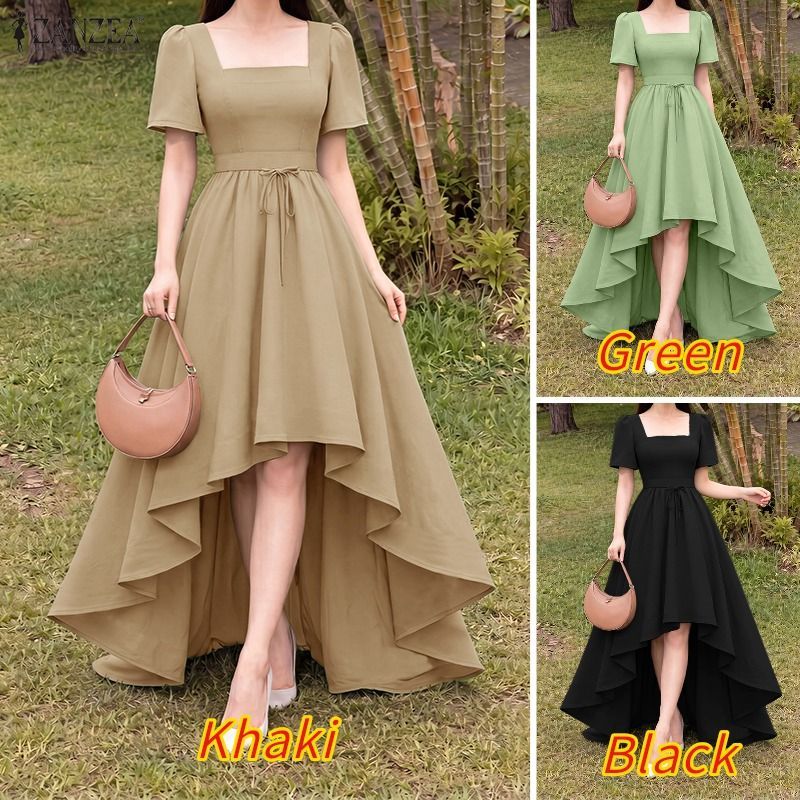ZANZEA ผู้หญิง Vintage Elegant Square Collar Puff Sleeve ไม่สม่ําเสมอ Ruffles Hem Maxi A-Line เดรสสายเดี่ยว — صورة 3