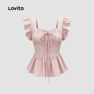 (New Arrival) Lovito เสื้อเบลาส์สีชมพูอ่อนลายจีบสําหรับผู้หญิงสําหรับฤดูใบไม้ผลิและฤดูร้อน เกาหลี อินเทรนด์ LK6AD148