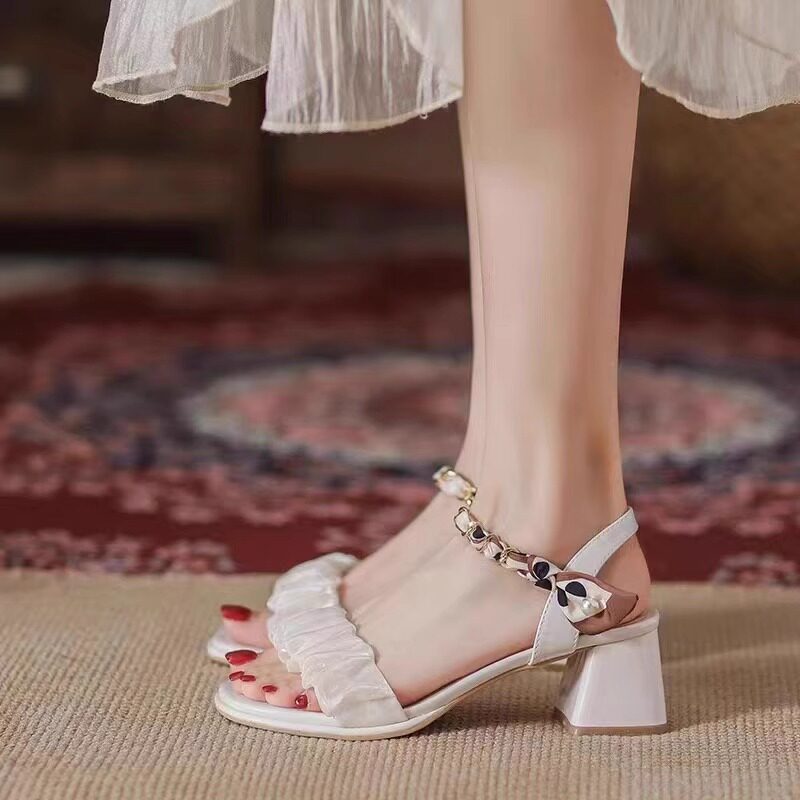 kyda รองเท้า เกาหลี ส้นสูง รองเท้า poise Dadong She ส้นหนาสายรัดรองเท้าแตะสไตล์นางฟ้าเรียบง่าย