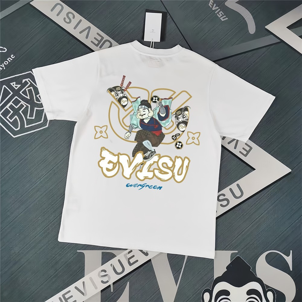 EVISU/God of Fortune 2026 คลาสสิกรอบคอแขนสั้นเสื้อยืดผู้ชายผู้หญิงสไตล์ญี่ปุ่น Street สไตล์แฟชั่นสีท