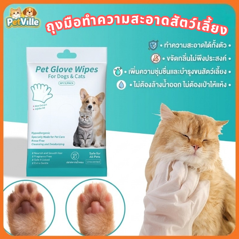 ถุงมือทำความสะอาดสัตว์เลี้ยง บรรจุ 6 pieces เป็นการล้างตัวและการฆ่าเชื้อ ให้ความชุ่มชื้นยาวนาน ขจัดกลิ่น