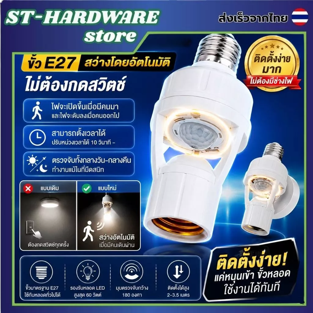 ไฟเซ็นเซอร์ ขั้วหลอดไฟ E27 ขั้วหลอดไฟอัจฉริยะ ตรวจจับการเคลื่อนไหว หมุนรอบทิศทาง 360 องศา