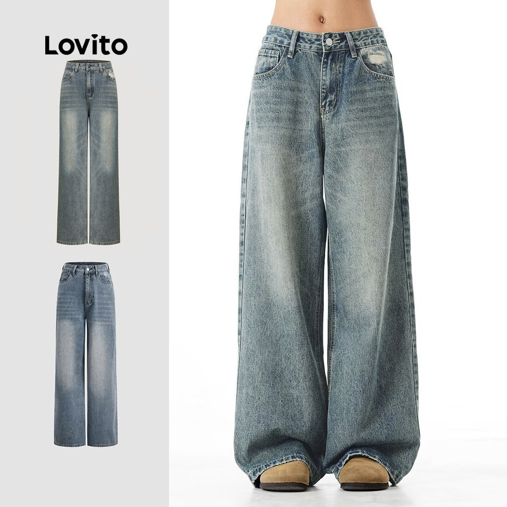 Lovito กางเกงยีนส์ แต่งรอยขาด สีพื้น สไตล์แคชชวล สำหรับผู้หญิง L114AD862