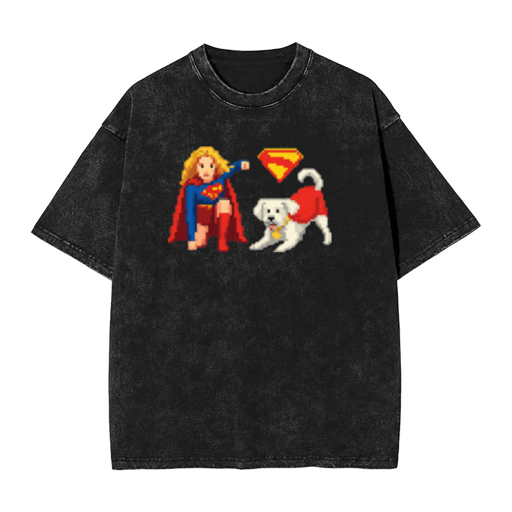 DC Supergirl Krypto Superdog Graphic Print Mens Heavyweight 100% Washed Cotton Oversize Distressed S