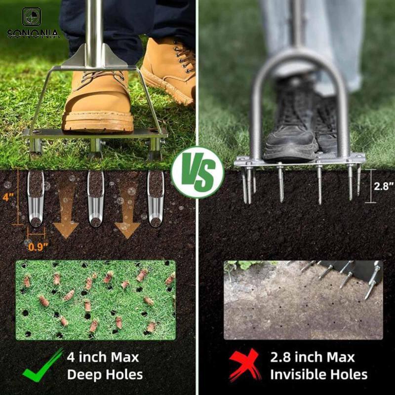 [SONONIA] เครื่องเติมอากาศสนามหญ้าคู่มือ Core Aerator เครื่องมือ Hollow Tines Yard Aerator หญ้าเติมอากาศสแตนเลสคลายไม่อุดตันมุม Ejection Design Suita